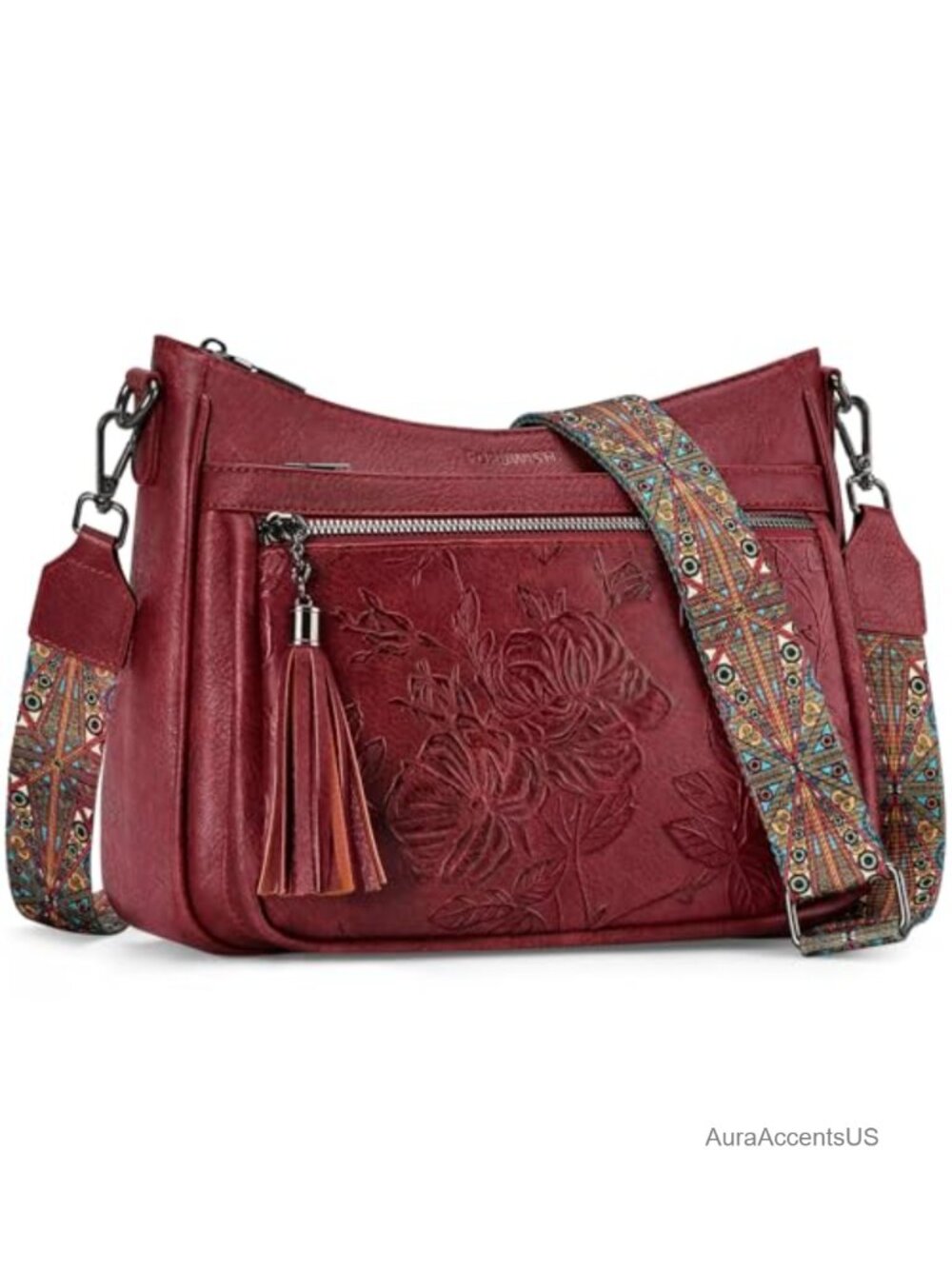 Vegan Leather Crossbody Bag Floral Embossed Medium Purse